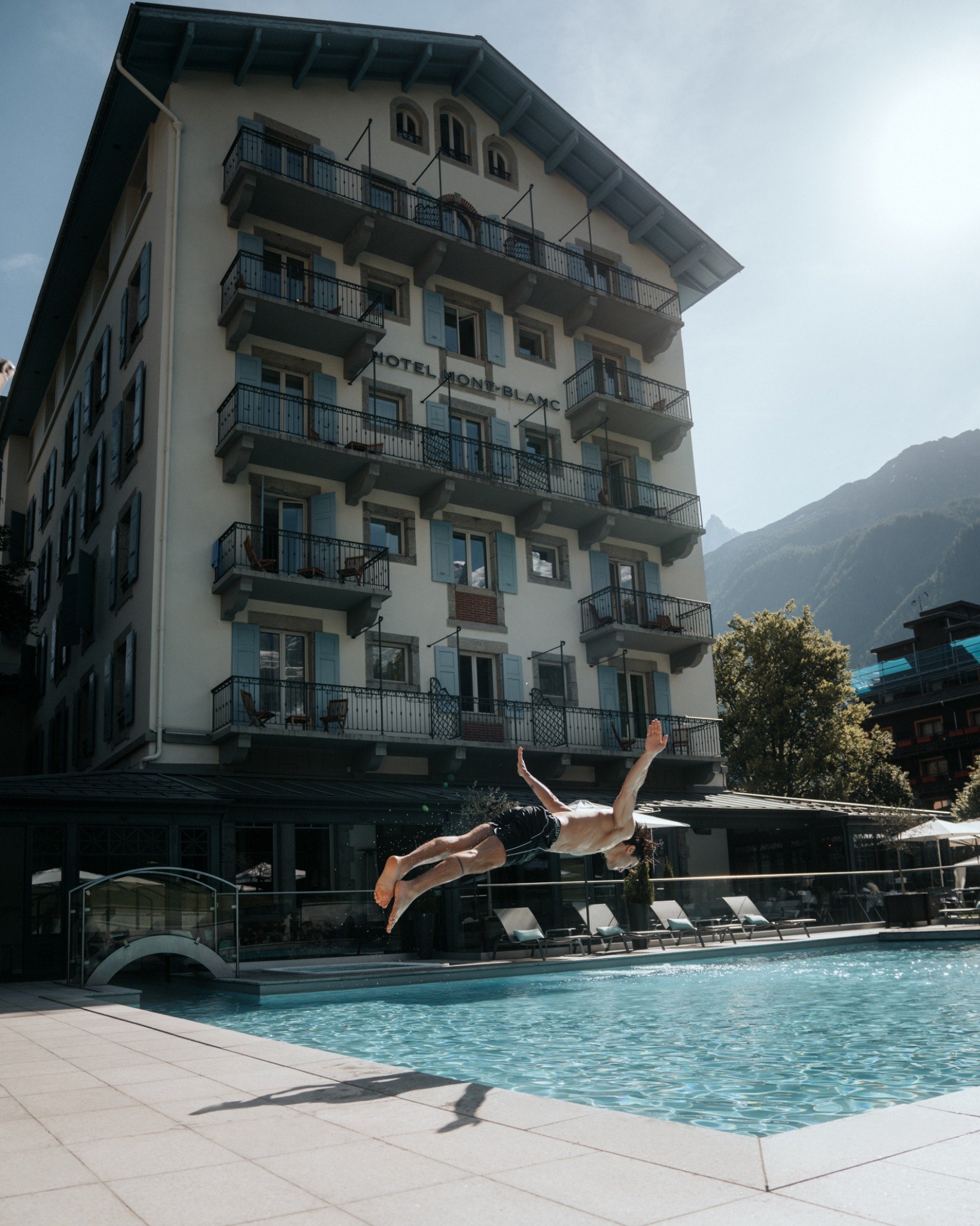 Hotel pool jump in Chamonix