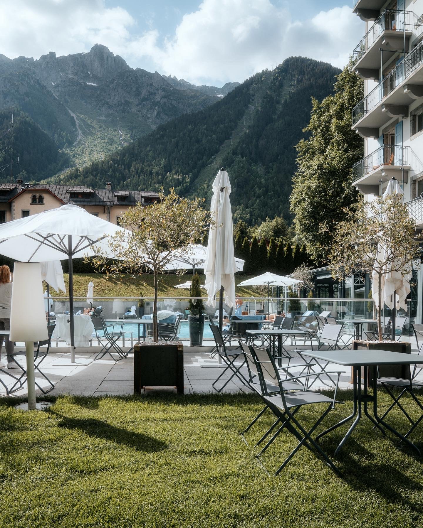 Hotel terrace and mountains in Chamonix