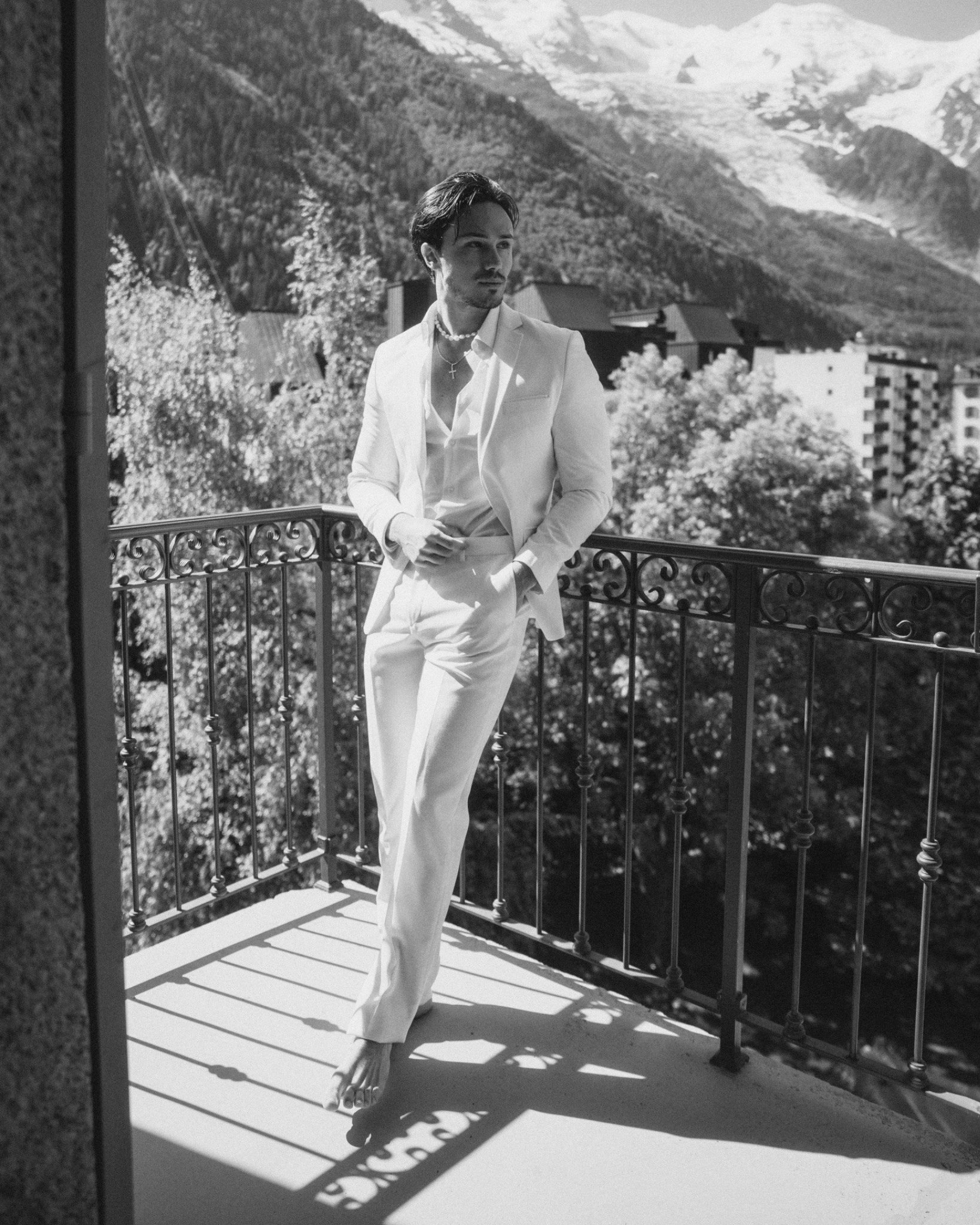 Black and white portrait on balcony