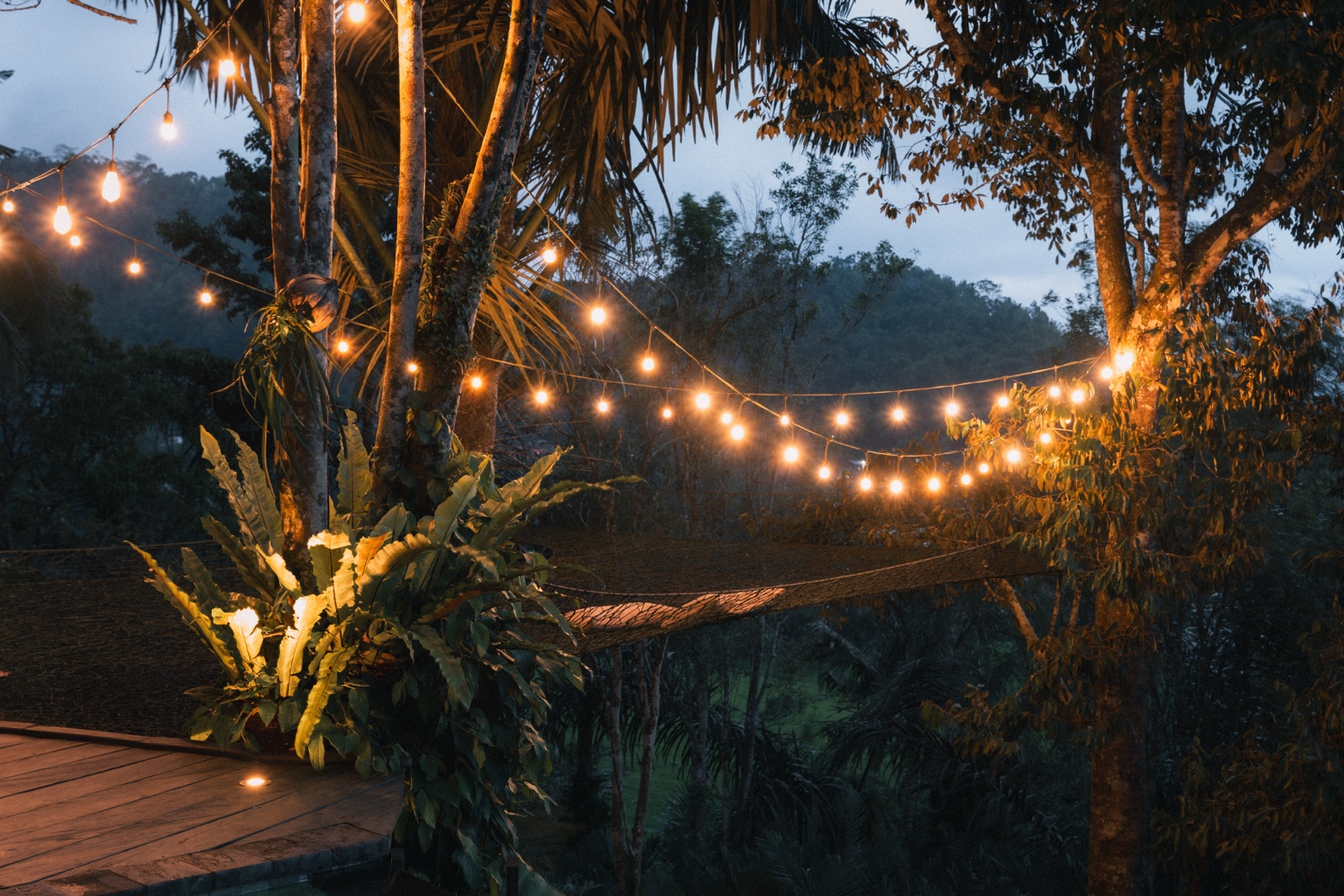 Hideout Bali hammock and warm lights in the jungle