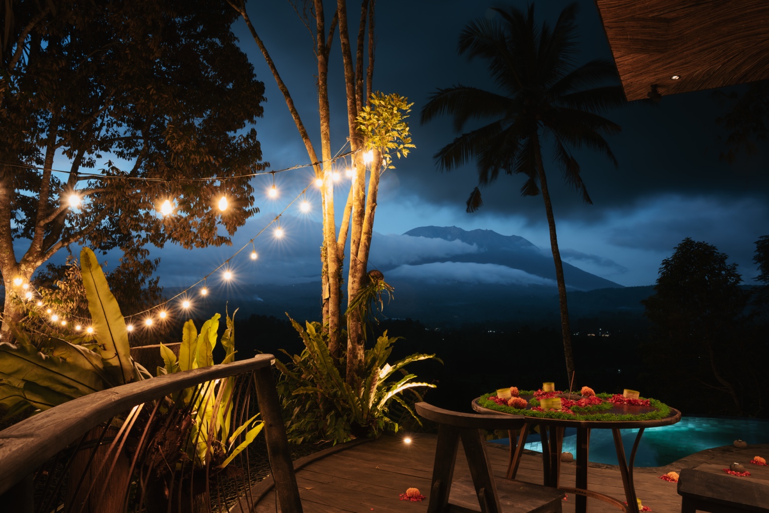 Hideout Bali evening terrace with volcano view