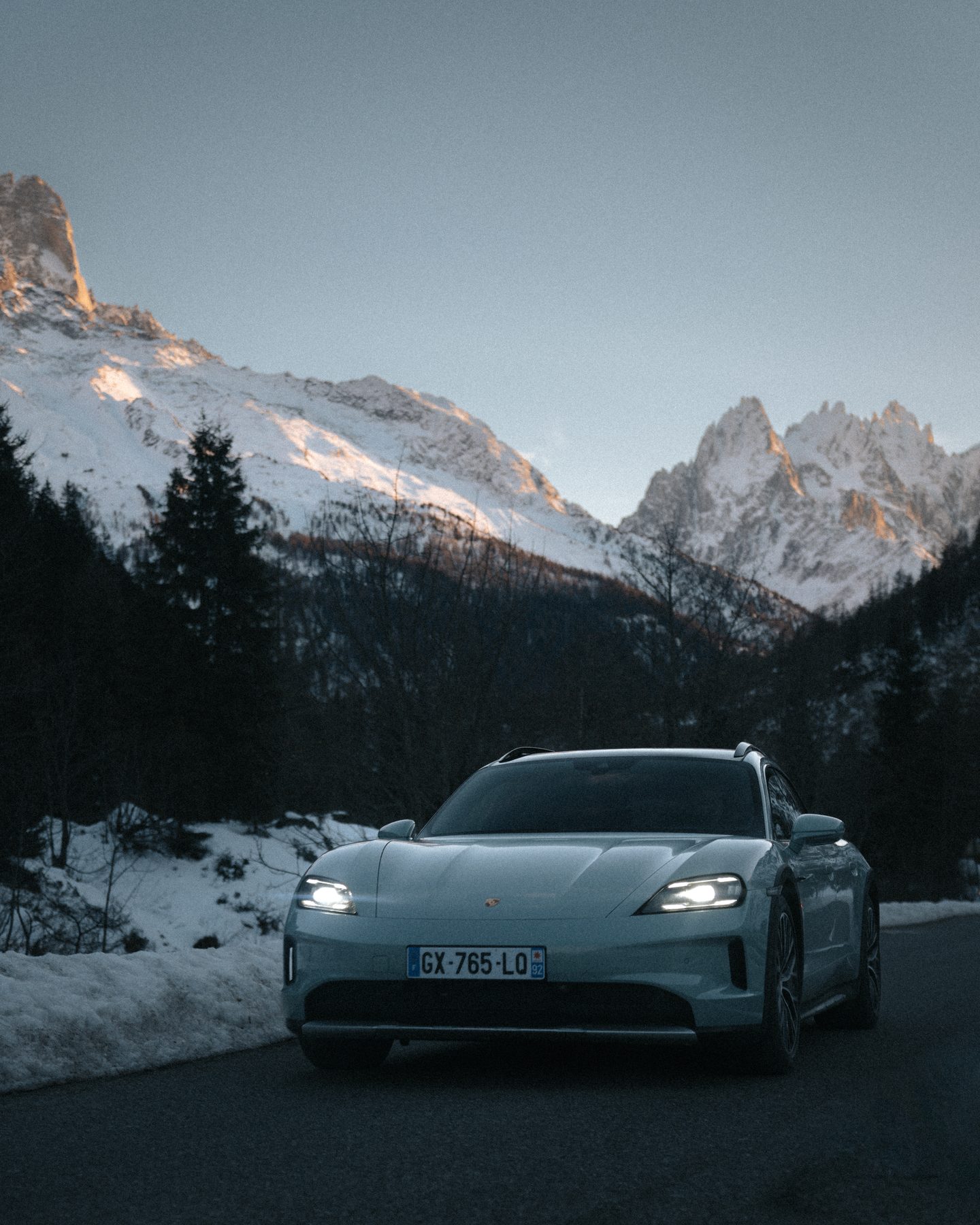 Porsche on an icy mountain road
