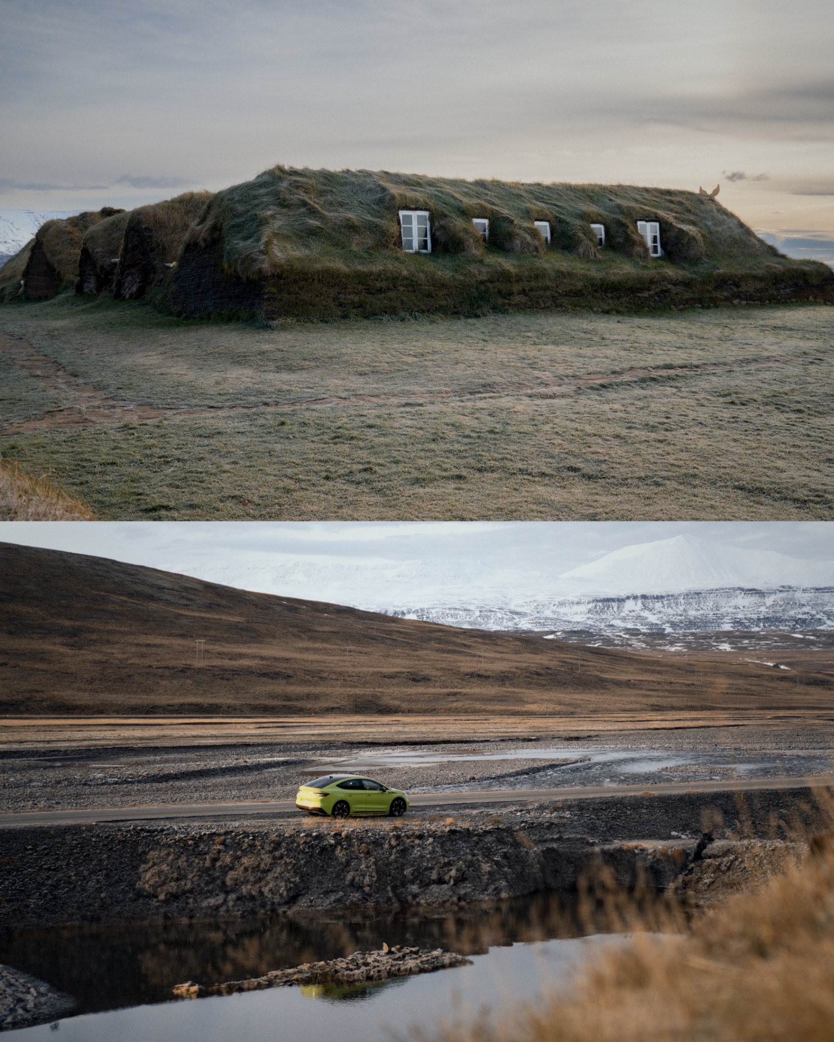 Iceland road trip collage featuring a turf house and a distant Skoda on the road
